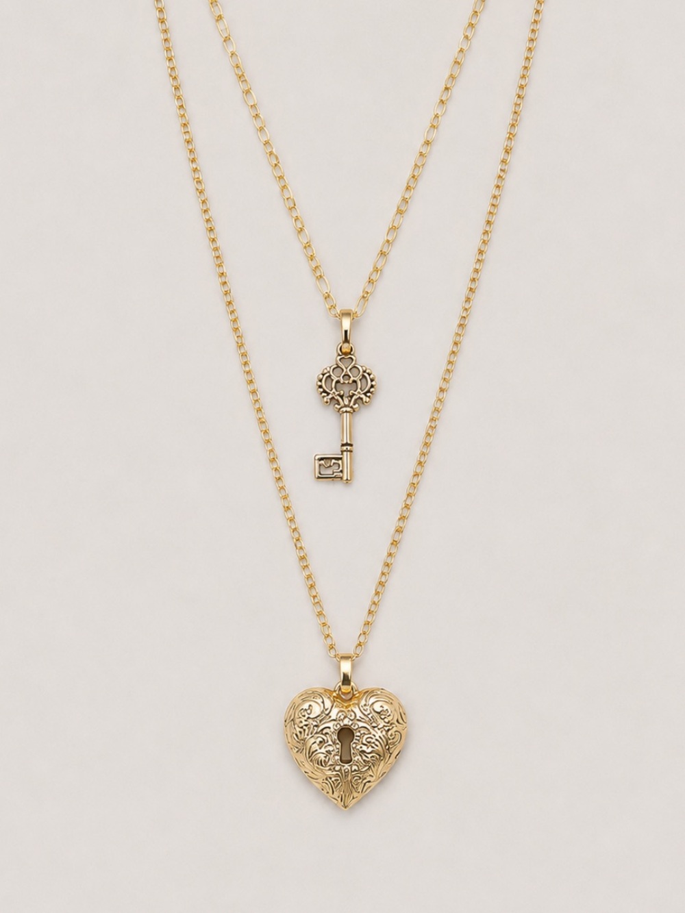 New! Gold Heart Locket & Key Layered Necklace - Women's Jewelry